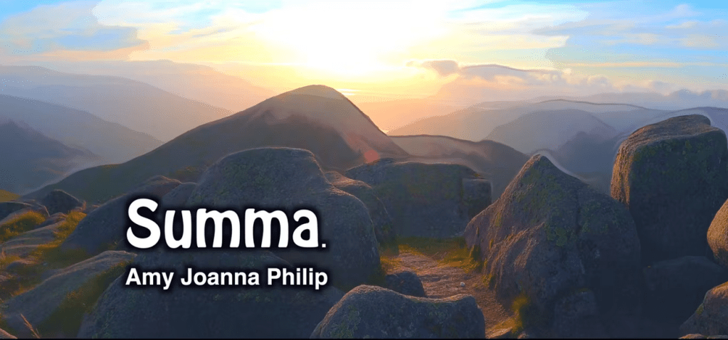 An image of rocks on a hilltop with the sunrise and the title "Summa". Click the image to go the video.