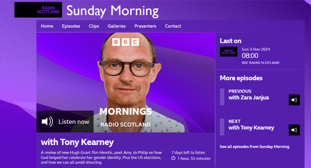 A screenshot of the BBC Radio Scotland "Sunday Morning with Tony Kearney" webpage, with a purple background, showing Tony Kearney's face and describing the contents of the programme. 