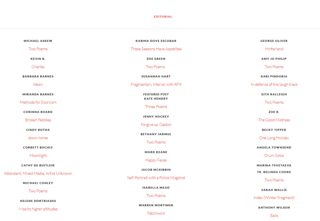 A screenshot of the contents page for issue 83 of The Interpreter's House, showing the link to the editorial and the list of contributors in alphabetical order.